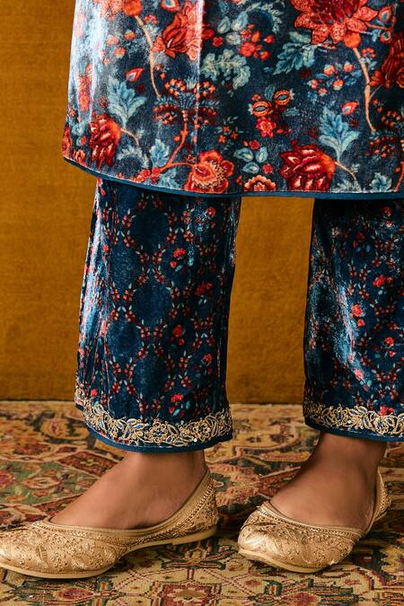 Sue Mue Blue Silk, Velvet Sequins, Beads, Embroidery Open Neck Floral Kurta Set at Aza Fashions Sue Mue_Blue Silk, Velvet Sequins, Beads, Embroidery Open Neck Floral Kurta Set _at_Aza_Fashions