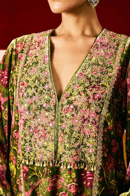 Buy Sue Mue Green Silk, Velvet Sequins, Beads, Embroidery V-neck Floral Print Kurta Set Online at Aza Fashions Buy_Sue Mue_Green Silk, Velvet Sequins, Beads, Embroidery V-neck Floral Print Kurta Set _Online_at_Aza_Fashions