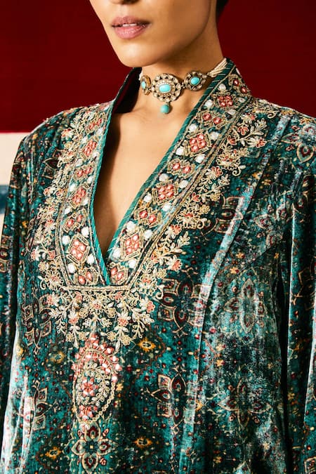 Buy Sue Mue Blue Silk, Velvet Sequins, Zari, Beads V-neck Teal Embroidered Kurta Set Online at Aza Fashions Buy_Sue Mue_Blue Silk, Velvet Sequins, Zari, Beads V-neck Teal Embroidered Kurta Set _Online_at_Aza_Fashions