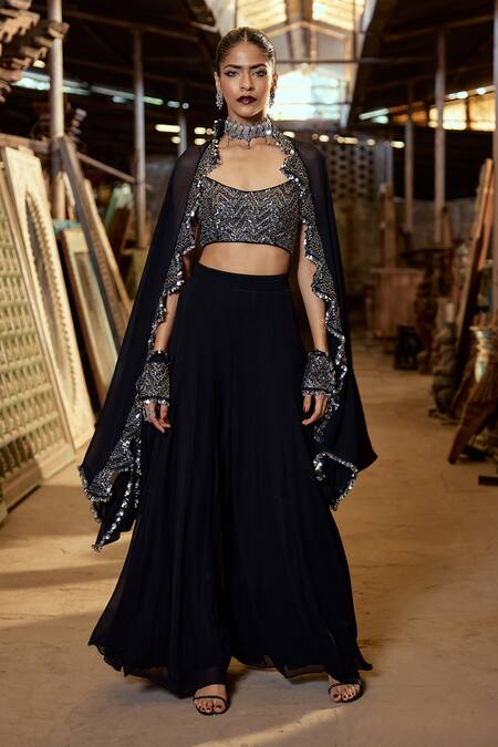 Karishma Khanduja Bareilly_Black Silk, Georgette Beads, Cut Work Scoop Geometric Embroidered Cape Pant Set _Online_at_Aza_Fashions