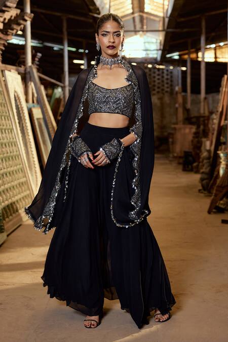 Buy_Karishma Khanduja Bareilly_Black Silk, Georgette Beads, Cut Work Scoop Geometric Embroidered Cape Pant Set _Online_at_Aza_Fashions