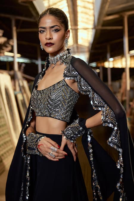 Shop_Karishma Khanduja Bareilly_Black Silk, Georgette Beads, Cut Work Scoop Geometric Embroidered Cape Pant Set _Online_at_Aza_Fashions