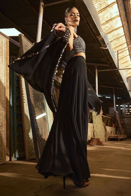 Karishma Khanduja Bareilly_Black Silk, Georgette Beads, Cut Work Scoop Geometric Embroidered Cape Pant Set _at_Aza_Fashions