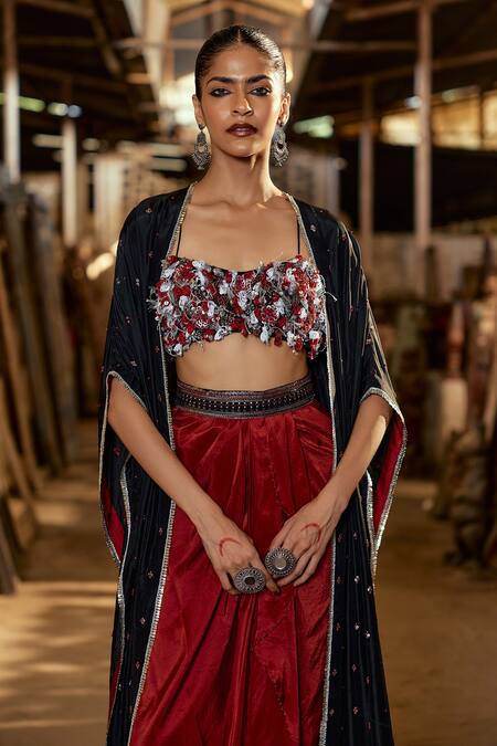 Karishma Khanduja Bareilly Black Silk Sequins, Beads, Tassels, Embroidery Sweetheart Cape And Dhoti Pant Set Online at Aza Fashions Karishma Khanduja Bareilly_Black Silk Sequins, Beads, Tassels, Embroidery Sweetheart Cape And Dhoti Pant Set _Online_at_Aza_Fashions