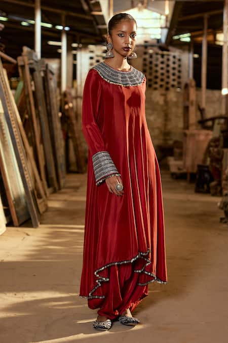 Karishma Khanduja Bareilly_Maroon Silk, Cotton Satin Embroidery, Sequins Tribal Anarkali And Dhoti Pant Set _Online_at_Aza_Fashions