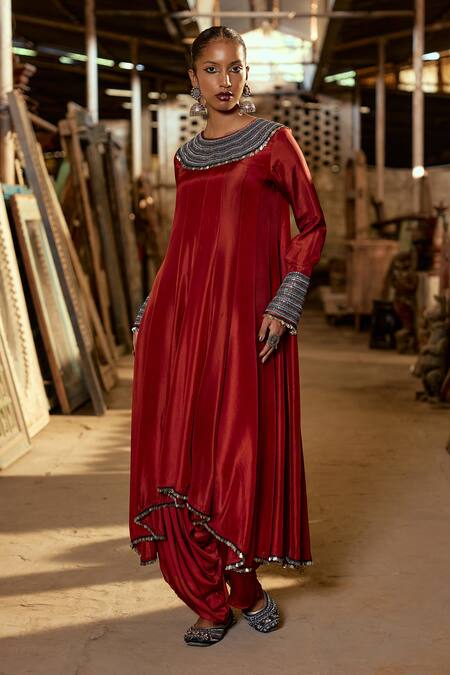 Buy_Karishma Khanduja Bareilly_Maroon Silk, Cotton Satin Embroidery, Sequins Tribal Anarkali And Dhoti Pant Set _Online_at_Aza_Fashions
