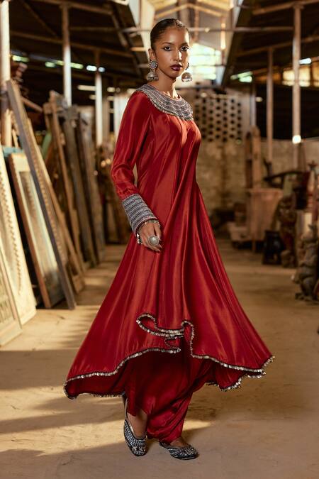Shop_Karishma Khanduja Bareilly_Maroon Silk, Cotton Satin Embroidery, Sequins Tribal Anarkali And Dhoti Pant Set _Online_at_Aza_Fashions