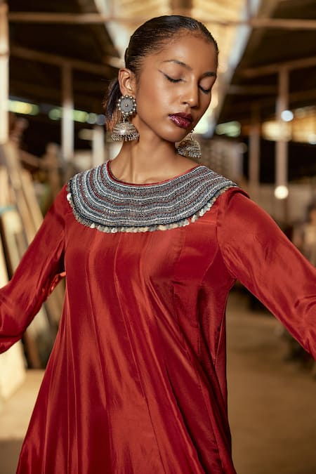 Karishma Khanduja Bareilly_Maroon Silk, Cotton Satin Embroidery, Sequins Tribal Anarkali And Dhoti Pant Set _at_Aza_Fashions