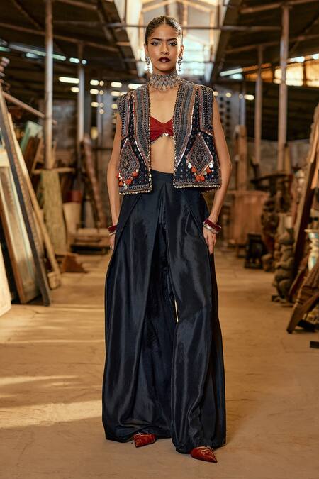Karishma Khanduja Bareilly_Black Silk Sequins, Beads, Tassels Open Embroidered Jacket And Flared Pant Set _Online_at_Aza_Fashions