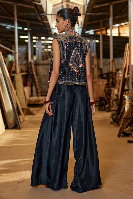 Buy_Karishma Khanduja Bareilly_Black Silk Sequins, Beads, Tassels Open Embroidered Jacket And Flared Pant Set _Online_at_Aza_Fashions