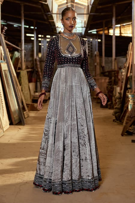 Karishma Khanduja Bareilly_Silver Silk Sequins, Embroidery Round Neck Geometric Anarkali Set With Dupatta _Online_at_Aza_Fashions