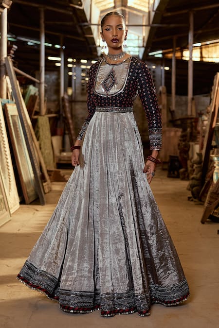 Buy_Karishma Khanduja Bareilly_Silver Silk Sequins, Embroidery Round Neck Geometric Anarkali Set With Dupatta _Online_at_Aza_Fashions