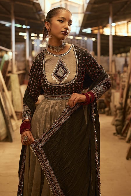 Karishma Khanduja Bareilly_Silver Silk Sequins, Embroidery Round Neck Geometric Anarkali Set With Dupatta _at_Aza_Fashions