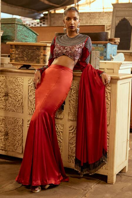 Karishma Khanduja Bareilly_Maroon Satin Cut Work, Sequins, Zari Round Neck Fishcut Lehenga And Blouse Set _Online_at_Aza_Fashions
