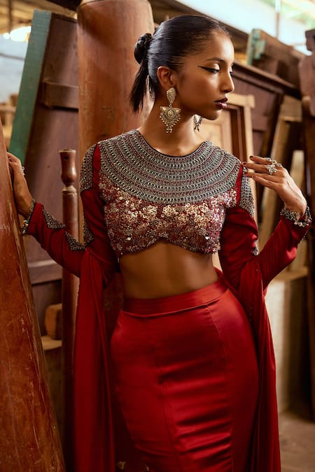 Karishma Khanduja Bareilly_Maroon Satin Cut Work, Sequins, Zari Round Neck Fishcut Lehenga And Blouse Set _at_Aza_Fashions