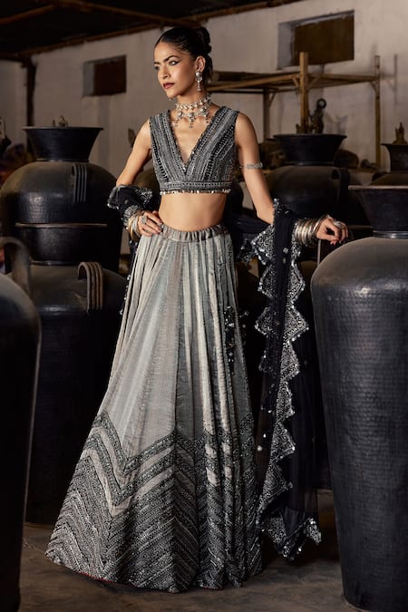 Karishma Khanduja Bareilly Geometric Embroidered Silver Lehenga Set 