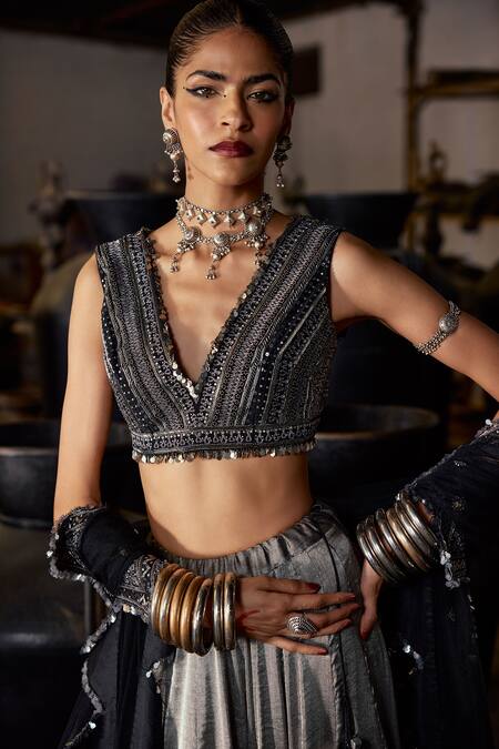 Shop_Karishma Khanduja Bareilly_Silver Tussar Sequins, Cut Work V-neck Geometric Embroidered Lehenga Set _Online_at_Aza_Fashions