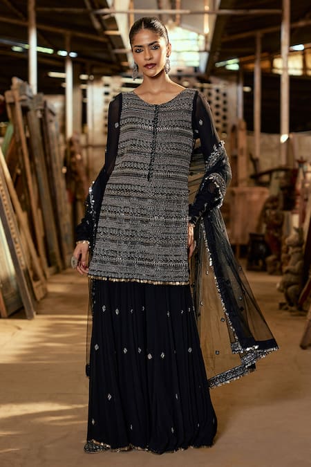 Buy_Karishma Khanduja Bareilly_Black Net, Georgette Sequins, Cut Work, Embroidery Geometric Kurta Gharara Set _Online_at_Aza_Fashions