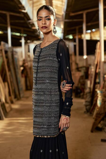 Shop_Karishma Khanduja Bareilly_Black Net, Georgette Sequins, Cut Work, Embroidery Geometric Kurta Gharara Set _Online_at_Aza_Fashions