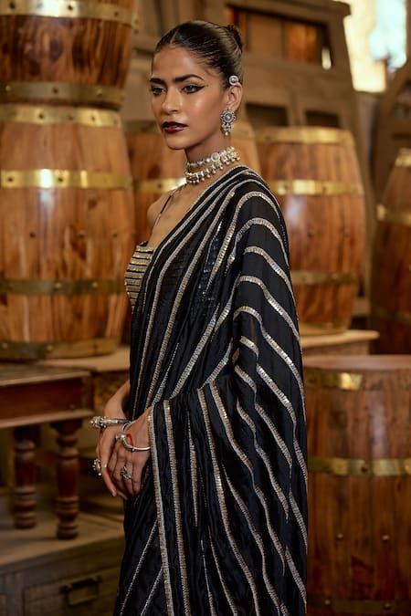 Karishma Khanduja Bareilly Sequin Coin Embroidered Black Saree & Blouse 