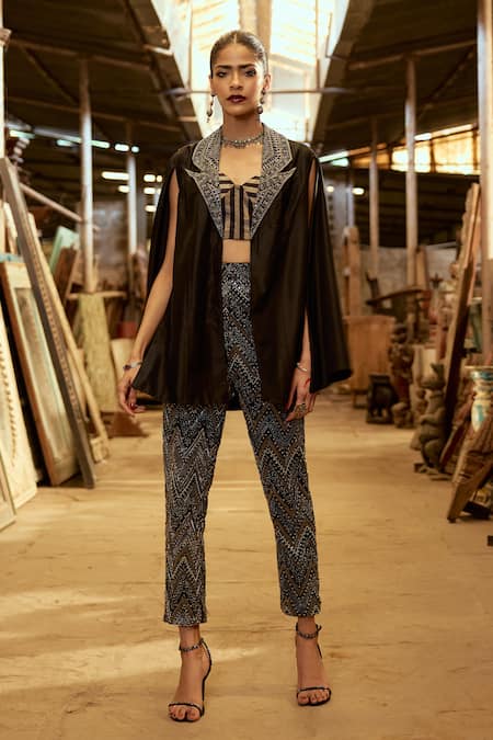 Karishma Khanduja Bareilly_Black Silk, Crepe Embroidery, Cut Work Geometric Cutdana Jacket Pant Set _Online_at_Aza_Fashions