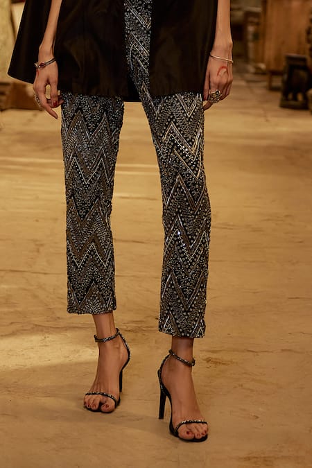 Buy_Karishma Khanduja Bareilly_Black Silk, Crepe Embroidery, Cut Work Geometric Cutdana Jacket Pant Set _Online_at_Aza_Fashions