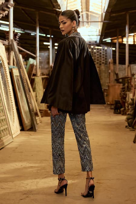 Shop_Karishma Khanduja Bareilly_Black Silk, Crepe Embroidery, Cut Work Geometric Cutdana Jacket Pant Set _Online_at_Aza_Fashions