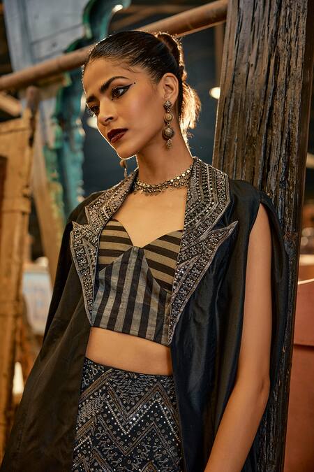 Karishma Khanduja Bareilly_Black Silk, Crepe Embroidery, Cut Work Geometric Cutdana Jacket Pant Set _at_Aza_Fashions