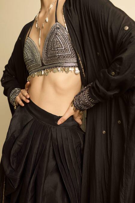 Buy_Karishma Khanduja Bareilly_Black Crepe Beads, Sequins Sweetheart Neck Embroidered Cape And Dhoti Pant Set _Online_at_Aza_Fashions