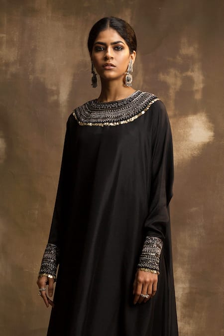 Karishma Khanduja Bareilly_Black Cotton Satin, Silk Cut Work, Tribal Embroidered Anarkali And Dhoti Pant _Online_at_Aza_Fashions
