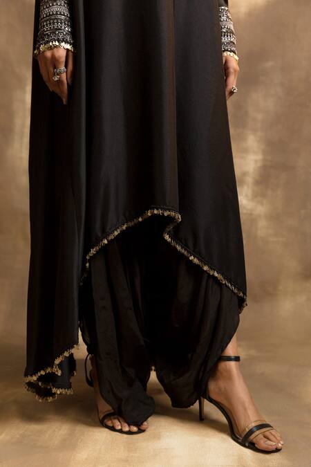 Buy_Karishma Khanduja Bareilly_Black Cotton Satin, Silk Cut Work, Tribal Embroidered Anarkali And Dhoti Pant _Online_at_Aza_Fashions