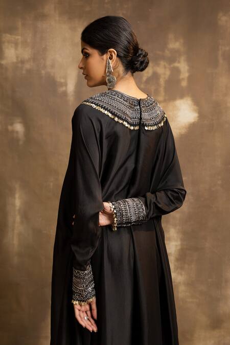 Shop_Karishma Khanduja Bareilly_Black Cotton Satin, Silk Cut Work, Tribal Embroidered Anarkali And Dhoti Pant _Online_at_Aza_Fashions