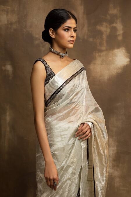 Karishma Khanduja Bareilly_Black Chanderi Silk, Brocade, Tissue Tribal Embroidered Border Saree Set _Online_at_Aza_Fashions