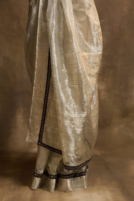 Buy_Karishma Khanduja Bareilly_Black Chanderi Silk, Brocade, Tissue Tribal Embroidered Border Saree Set _Online_at_Aza_Fashions