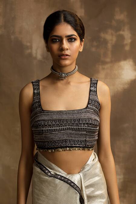 Shop_Karishma Khanduja Bareilly_Black Chanderi Silk, Brocade, Tissue Tribal Embroidered Border Saree Set _Online_at_Aza_Fashions