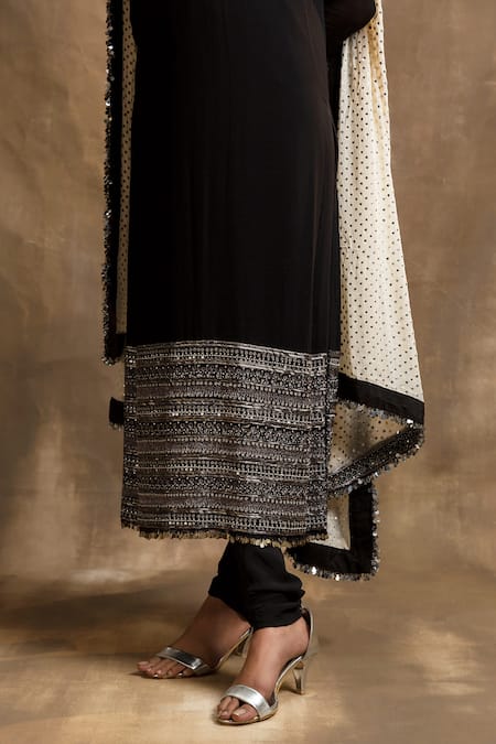 Karishma Khanduja Bareilly_Black Georgette, Crepe Sequins, Cut Work, Tribal Embroidered Kurta Churidar Set _Online_at_Aza_Fashions