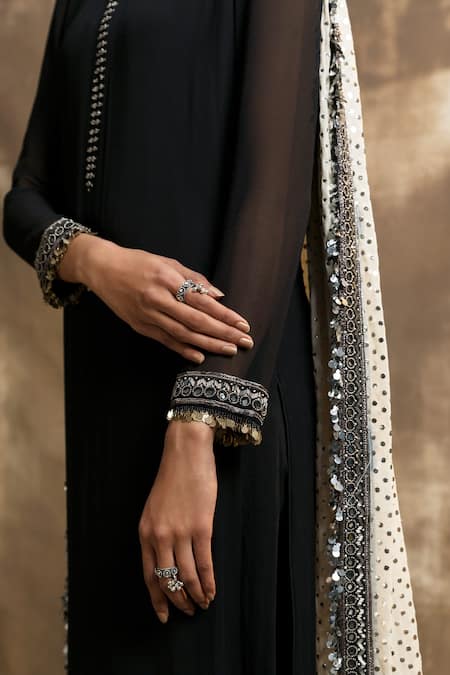 Buy_Karishma Khanduja Bareilly_Black Georgette, Crepe Sequins, Cut Work, Tribal Embroidered Kurta Churidar Set _Online_at_Aza_Fashions