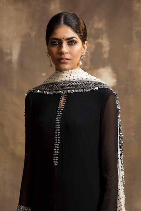 Shop_Karishma Khanduja Bareilly_Black Georgette, Crepe Sequins, Cut Work, Tribal Embroidered Kurta Churidar Set _Online_at_Aza_Fashions