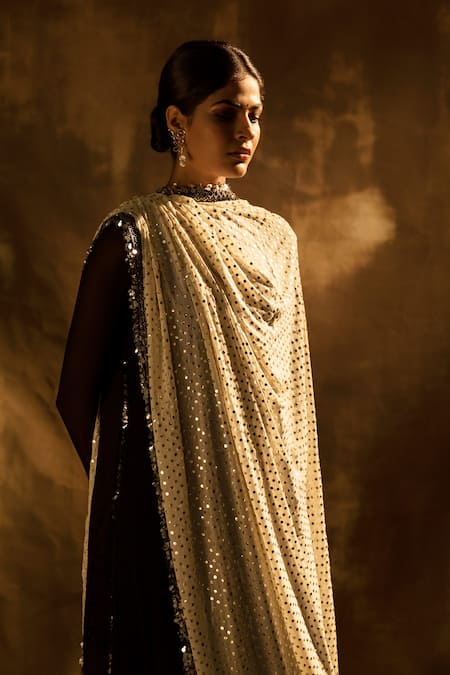 Karishma Khanduja Bareilly_Black Georgette, Crepe Sequins, Cut Work, Tribal Embroidered Kurta Churidar Set _at_Aza_Fashions