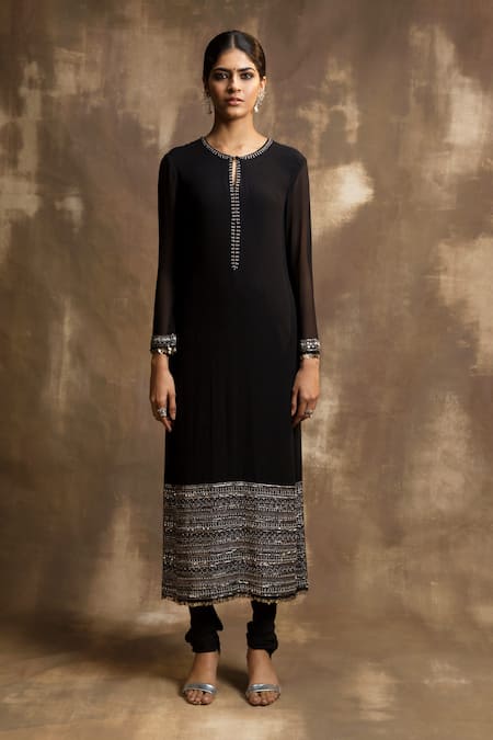 Buy_Karishma Khanduja Bareilly_Black Georgette, Crepe Sequins, Cut Work, Tribal Embroidered Kurta Churidar Set 