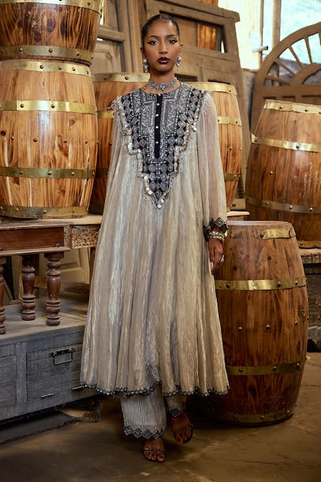 Karishma Khanduja Bareilly_Silver Tissue Sequins, Beads Round Neck Tribal Embroidered Anarkali Set _Online_at_Aza_Fashions