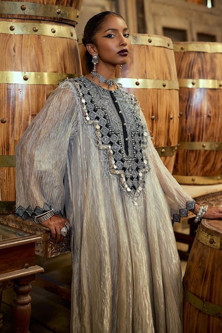 Shop_Karishma Khanduja Bareilly_Silver Tissue Sequins, Beads Round Neck Tribal Embroidered Anarkali Set _Online_at_Aza_Fashions