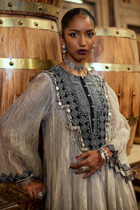 Karishma Khanduja Bareilly_Silver Tissue Sequins, Beads Round Neck Tribal Embroidered Anarkali Set _at_Aza_Fashions