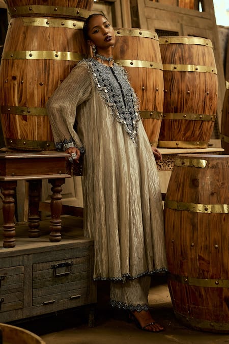 Buy_Karishma Khanduja Bareilly_Silver Tissue Sequins, Beads Round Neck Tribal Embroidered Anarkali Set 