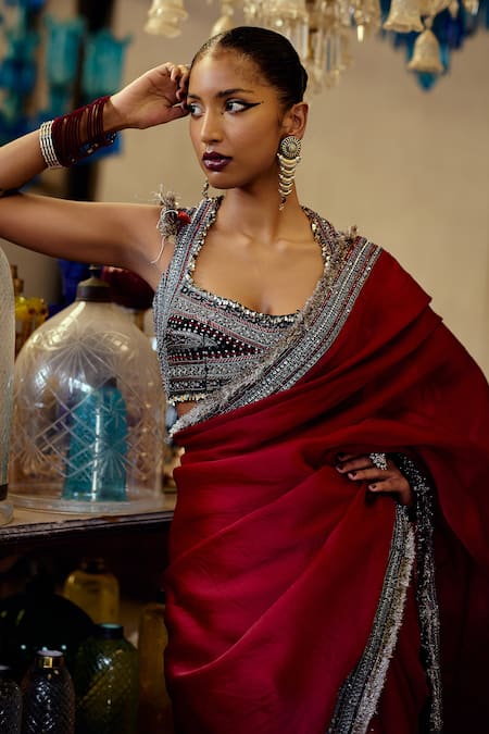 Karishma Khanduja Bareilly Tribal Embroidered Maroon Saree Set 