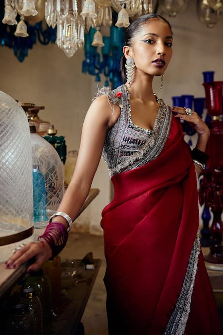 Buy_Karishma Khanduja Bareilly_Black Satin, Organza Sequins, Beads Square Tribal Embroidered Maroon Saree Set _Online_at_Aza_Fashions