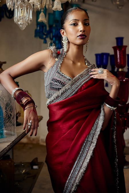 Shop_Karishma Khanduja Bareilly_Black Satin, Organza Sequins, Beads Square Tribal Embroidered Maroon Saree Set _Online_at_Aza_Fashions