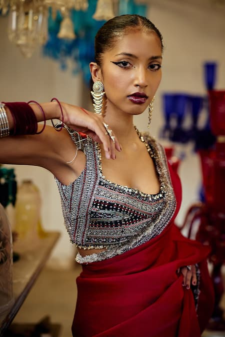 Buy_Karishma Khanduja Bareilly_Black Satin, Organza Sequins, Beads Square Tribal Embroidered Maroon Saree Set 