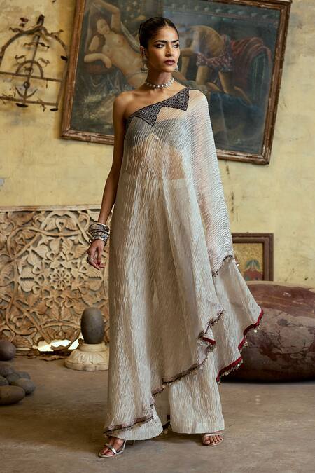 Shop Karishma Khanduja Bareilly Silver Tissue Geometric Embroidered Cape With Pant Online at Aza Fashions Shop_Karishma Khanduja Bareilly_Silver Tissue Geometric Embroidered Cape With Pant _Online_at_Aza_Fashions