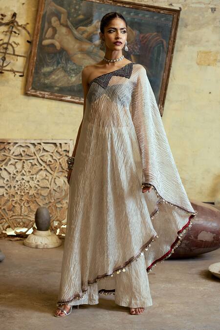 Karishma Khanduja Bareilly Silver Tissue Geometric Embroidered Cape With Pant at Aza Fashions Karishma Khanduja Bareilly_Silver Tissue Geometric Embroidered Cape With Pant _at_Aza_Fashions